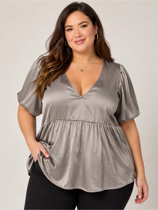 torrid Tops - Torrid Gray Satin V-Neck Peplum Blouse - size 1